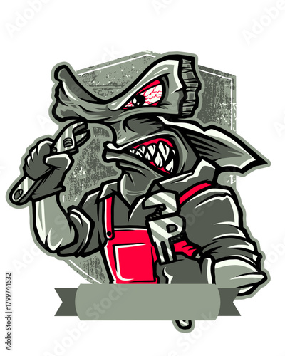 A fierce cartoon character, a shark-like creature, dressed as a mechanic, holding tools, with an angry expression.
