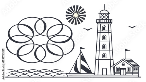 Lighthouse, Sailboat, and Abstract Waves
