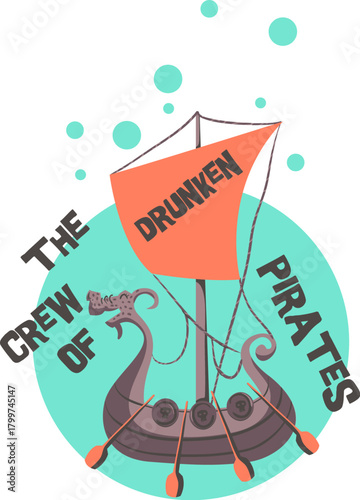 A cartoon illustration of a Viking longship with the text 'The Crew of Drunken Pirates' in a logo style.