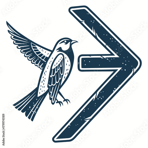 Stylized bird in flight next to a bold rune symbol