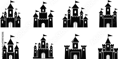 Set of fantasy castle silhouette icons, medieval fortress architecture vector elements, black flat graphic design collection, magical fairy tale kingdom illustration, CAD drawing for creative decor