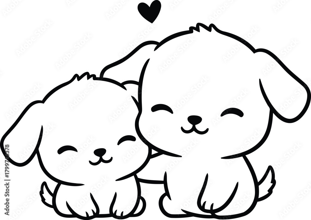 Obraz premium Adorable cartoon puppies cuddling with hearts above them