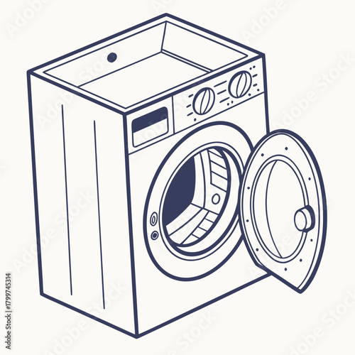 Open front load washing machine line art isometric view