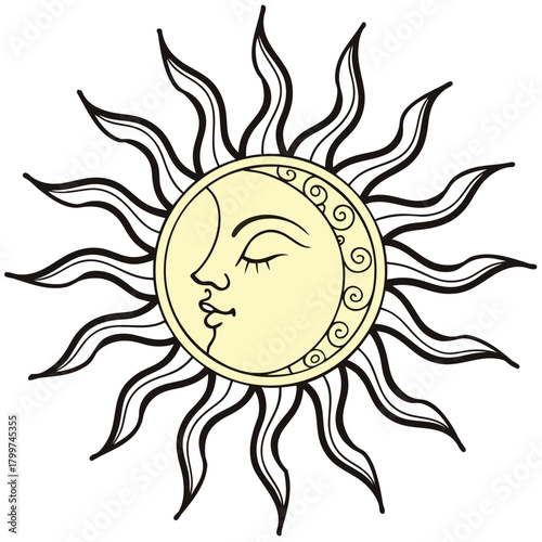 Stylized sun face with closed eyes and wavy rays in yellow and black