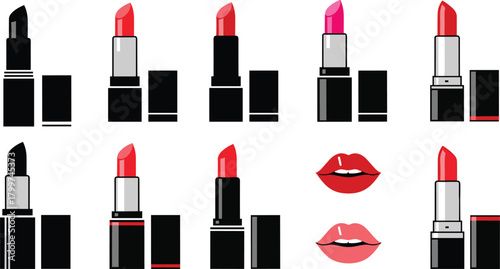 Set of lipstick silhouette and lips icons, beauty cosmetics graphic vector collection, modern makeup design artwork on white background, flat black and colorful illustration for CAD drawing