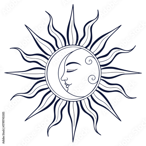Stylized sun and moon face with celestial rays