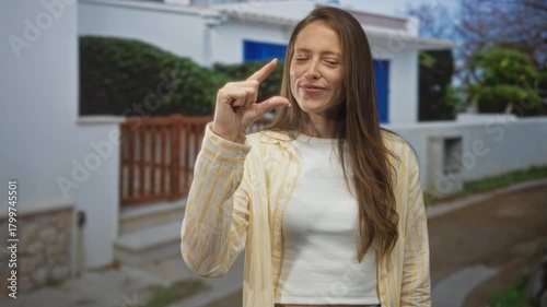 Woman pinches thumb and forefinger near face to show small size on street in front of building; playful tease.