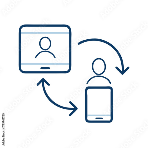 Minimal line icon of parent-child linked devices with synchronizing arrows, representing multidevice parental sync for children