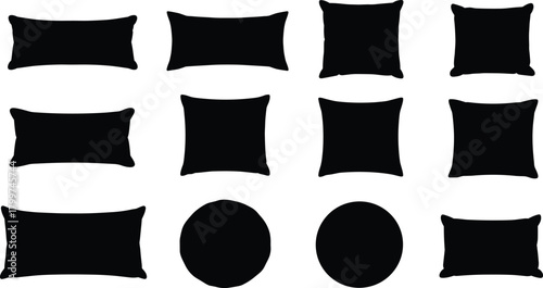Set of minimal pillow and cushion shape silhouettes, black vector icons, home decor design, interior furnishing illustration, CAD drawing for digital use