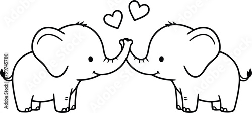 Cute cartoon elephants in love with hearts above them