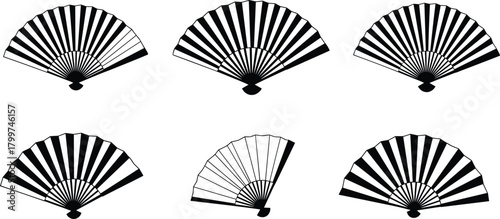 Set of traditional Japanese hand fan silhouette vector icons, decorative folding fans, black flat illustration perfect for Asian culture, art and craft, CAD drawing collection