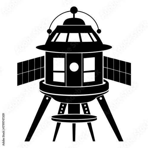 Retro sci fi spacecraft with landing gear and solar panels