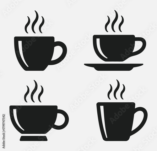 Coffee Cup and Mug Icons Set – Black Silhouette Collection, Hot Drinks Vector, Minimalist Flat Graphic, Tea, Espresso, Cappuccino Illustration, Café Menu Design, Morning Beverage Icons