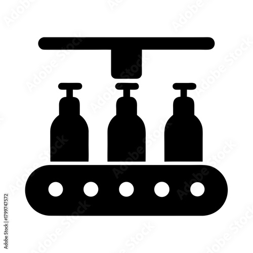 Automated bottling line with three bottles on conveyor belt