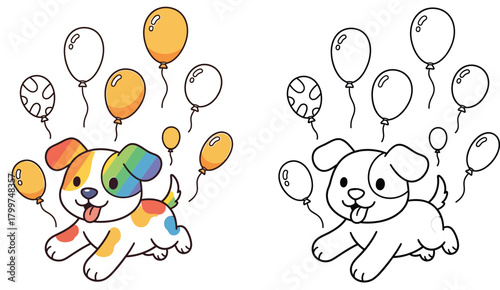 Playful Cartoon Puppy with Balloons - Rainbow Colors and Outline Version for Children's Celebrations and Creative Projects