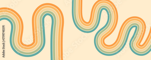 Abstract background of rainbow groovy Wavy Lines design in 1970s Hippie Retro style.
