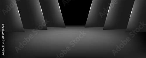 Abstract black geometric modern dark space background. Scene for advertising, showroom, technology, future, modern, sports, gaming, warehouse design. Vector illustration.