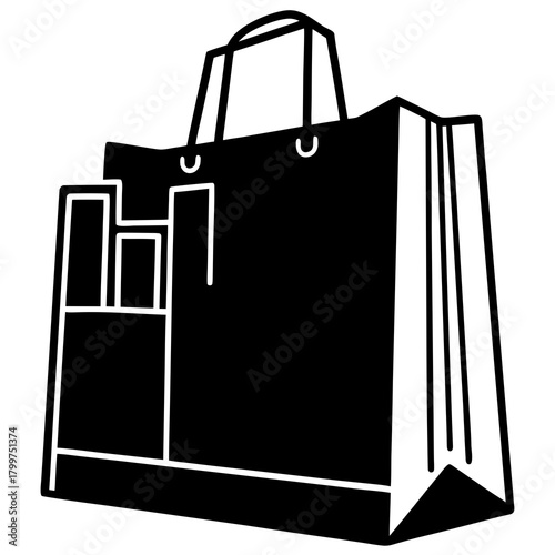 Black shopping bag with handles and compartments silhouette isolated on white background