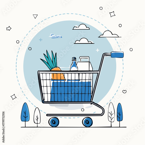 Shopping cart filled with groceries, including a carrot, bottle, and shopping bag, depicted in a playful, hand-drawn line art style with a light blue circle background and stylized trees