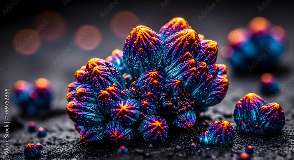 Naklejka premium A stunning macro view of an iridescent mineral specimen, featuring a vibrant cluster of rainbow-colored metallic crystals on a dark surface