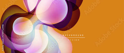 Abstract fluid shapes overlap, creating vibrant color blends. Orange background complements swirling design elements. Modern, dynamic composition.