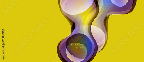 Abstract fluid shapes overlap yellow backdrop. Modern design features vibrant color gradients, creating dynamic visual effect.