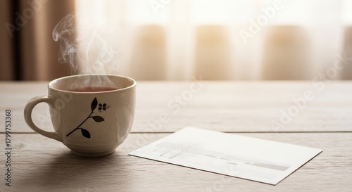 Hot cup of tea with steam on a wooden table against soft light  