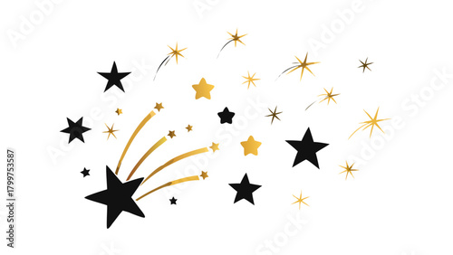 Golden and black shooting stars fireworks bursting with trails and sparkles on white background .vector icon