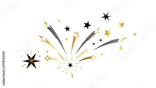 Golden and black shooting stars fireworks bursting with trails and sparkles on white background .vector icon