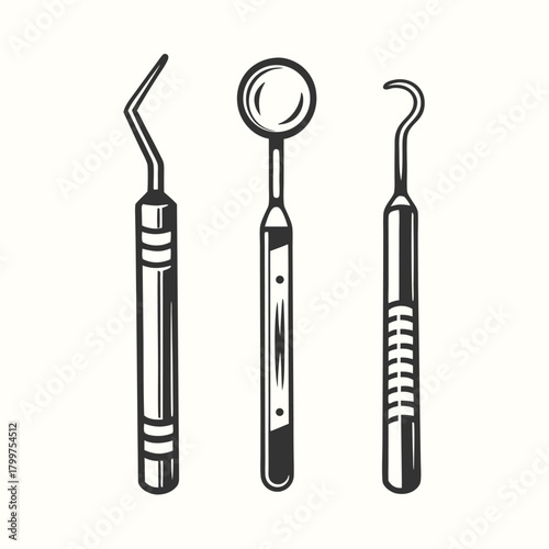 Three distinct dental instruments are precisely arranged in a linear display against a plain backdrop