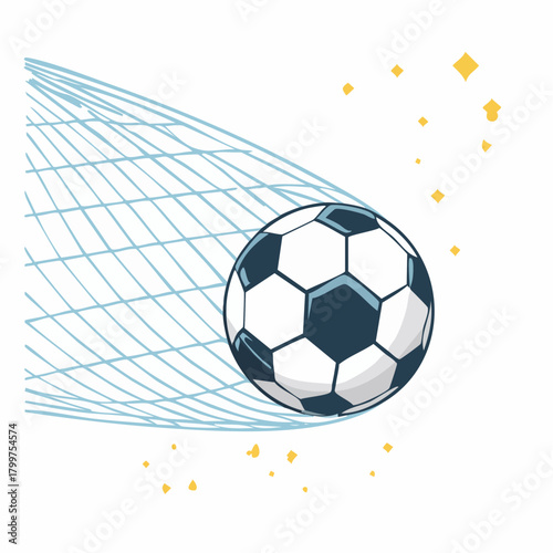 Dynamic Vector Illustration of a Soccer Ball Hitting the Net for a Goal, Minimalist Action Scene
