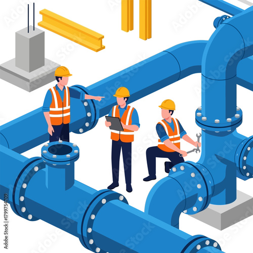 Isometric Illustration of Construction Workers Inspecting and Maintaining Water Pipes on a Blue Background