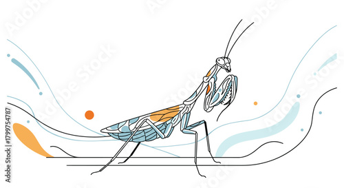 An abstract artistic representation of a praying mantis with flowing watercolor-like strokes and circular shapes suggesting movement and nature.