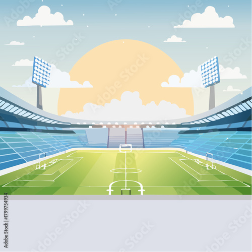 Empty Football Stadium Field with Grandstands and Floodlights at Sunrise or Sunset Vector