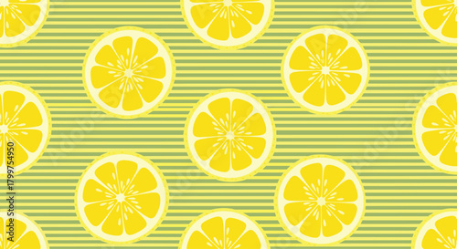A vibrant and refreshing seamless pattern featuring bright yellow lemon slices on a textured green striped background.