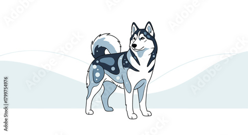 A majestic husky dog stands proudly in a serene snowy landscape.