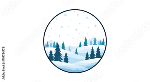 A serene winter landscape unfolds within a circular frame featuring snow-covered trees and rolling hills under a soft snowfall.