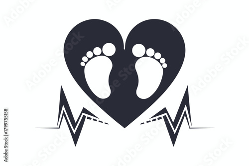 Small feet sit inside a dark heart with an electrocardiogram symbol around it