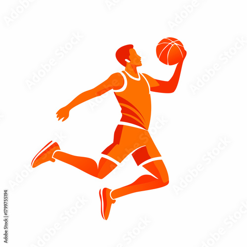Stylized Orange Vector Illustration of a Basketball Player Jumping Energetically with the Ball