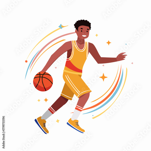 Energetic Vector Illustration of a Young Basketball Player Dribbling the Ball with Colorful Motion Trails and Stars