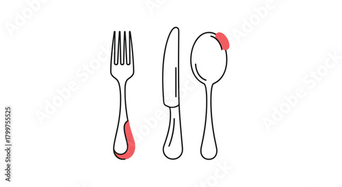 A set of silverware including a fork a knife and a spoon is depicted in a line drawing with red highlights on the handles and the edge of the spoon.