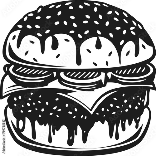 Tasty seeded hamburger dripping with sauce showcases a black and white monochrome aesthetic