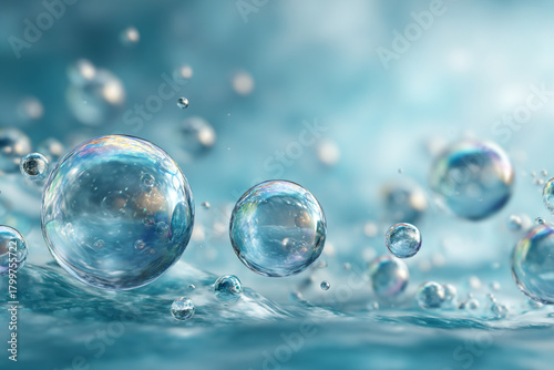 Wallpaper Mural Numerous sparkling iridescent bubbles and crystal-clear water droplets gently floating on a serene wavy blue liquid surface with a soft blurred aquatic background creating a refreshing ethereal scene Torontodigital.ca