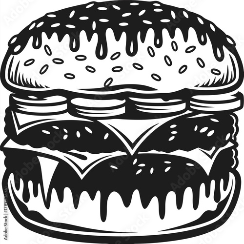 Outlined black and white burger with cheese, lettuce, onions, and dripping sauce looks delicious