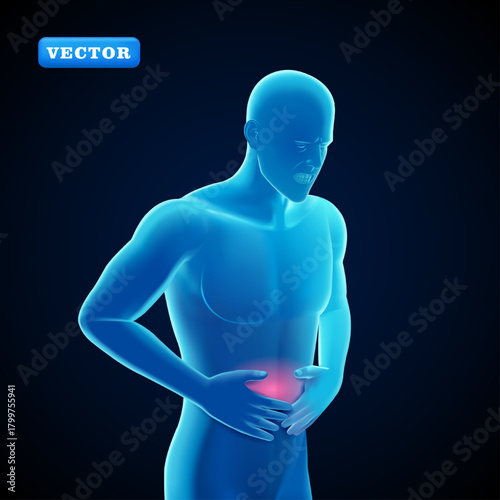 Blue man having stomach ache, 3D vector. Suitable for medical and health purposes