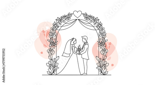 Elegant wedding arch design with silhouettes of a couple and soft pink balloons.