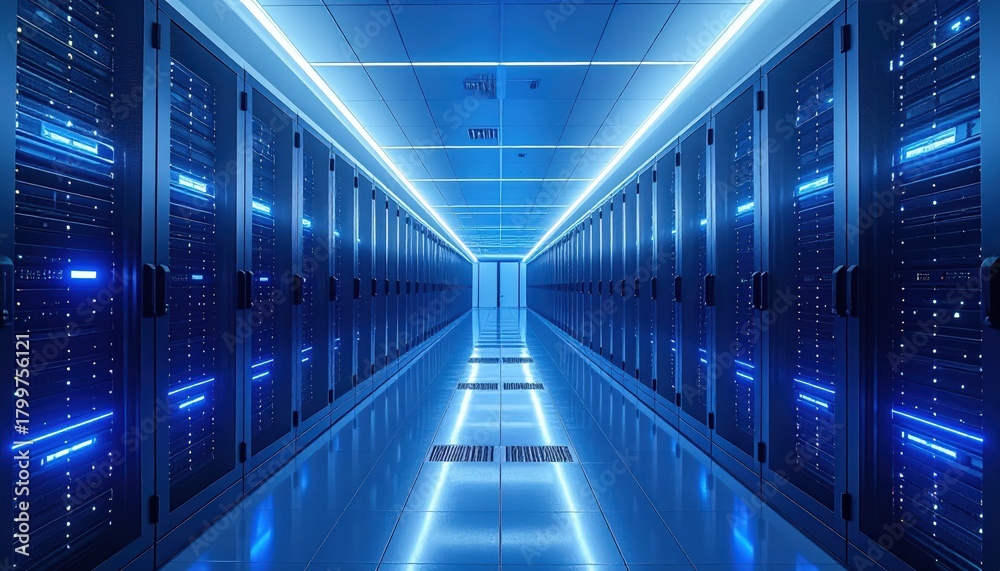 Fototapeta premium Modern Data Center Hallway | Symmetrical Server Rack Infrastructure with Blue LED Lighting.