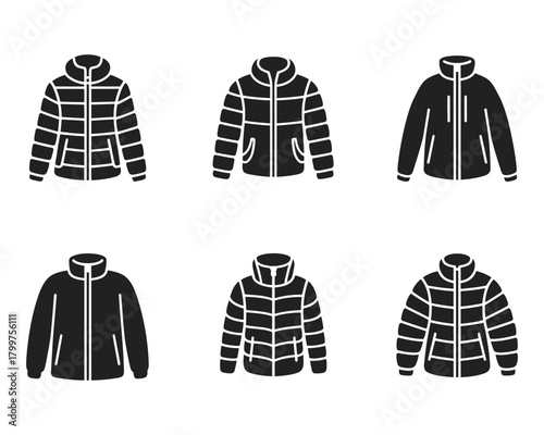 Puffer Jacket Icons – Sketch Silhouette Vector, Winter Coat Illustration, Outerwear Fashion Graphics, Minimalist Flat Design, Warm Clothing Artwork, Apparel Icon Collection, Winter Wardrobe Vector
