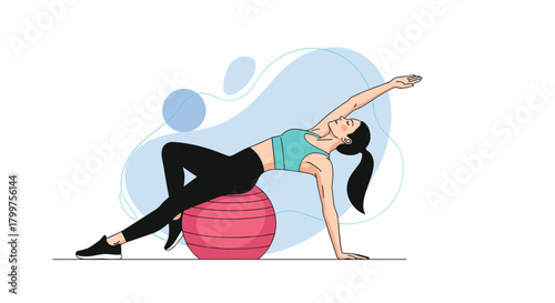 A woman performs a side bend exercise using a stability ball for core strength and flexibility.