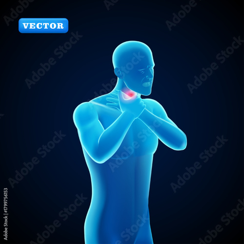 Blue man with sore throat, 3D vector. Suitable for medical and health purposes